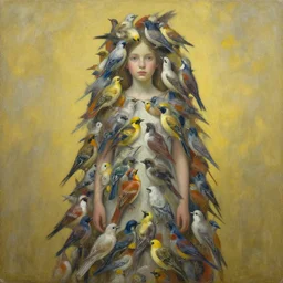 painting by meghan howland of a girl covered in birds