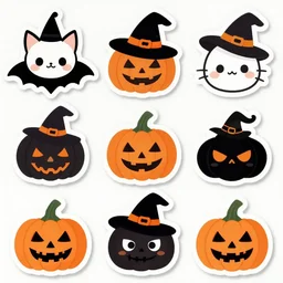 cute halloween sticker set, adorable, bat, witch head, jacko lanterns, modern trendy clear background, 8 k,