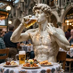 the statue david from michelangelo drinking a beer, sitting at a table full of beer and food at oktober fest in munchen