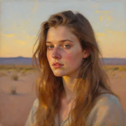 detailed oil portrait of rhea seehorn, painted by greg rutkowski, dreamlike whistful expression, new mexico background, desert sky, golden hour lighting