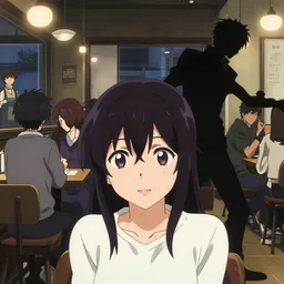 anime frames, anime visual, portrait of a young woman visiting a busy cafe interior at night, beautiful face by ilya kuvshinov and, kyoani, psycho pass, gits anime, dynamic pose, dynamic perspective, strong silhouette, anime cels, rounded eyes, cheerful, yoshinari yoh