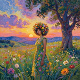 girl with afro made of flowers, standing in a field with flowers, surreal photography, hills, big trees, sunrise dramatic light, impressionist painting, colorful clouds, digital painting, pointillism, artstation, simon stalenhag