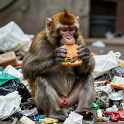 “ a monkey with hair like Trump sitting on a pile of garbage eating a hamburger”
