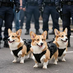 a corgi police dogs wearing tactical k 9 gear, crowd control. riots