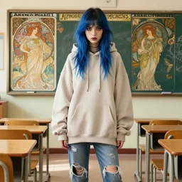 female goth wearing an oversized hoodie and ripped jeans, dyed blue hair, classroom background, intricate illustration by krenz cushart, alphonse mucha, artgerm, trending on artstation