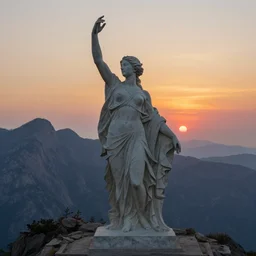 an ultradetailed matte landscape painting of mountain sized sculpture of a beautiful and elegant woman, sunrise on the horizon in the background, stone hand raised up, 8 k, art by greg rutkowski and albert bierstadt