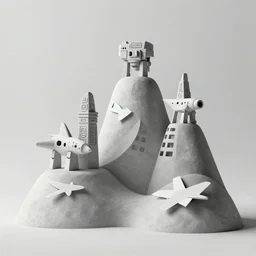 photo of minimalist abstract cubist sculpture of hills with random mecha mayan decorations, covered with few large white airplane parts