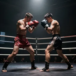 two kickboxers in a ring fighting each other in a dark heavy smoky room