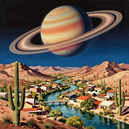 a town in the chihuahuan desert, surrounded by saguaro and hills, a river runs through the town, a giant planet with rings fills the sky, pop art, in the style of thomas payne, insanely detailed.