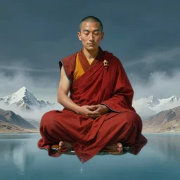 a close - up abstract portrait of a tibetan monk in lotus position flying over himalaya mountains lake in weightlessness in liquid traditional red cloth, small foggy and blue gloomy, highly detailed abstract illustration science fiction paint by salvador dali