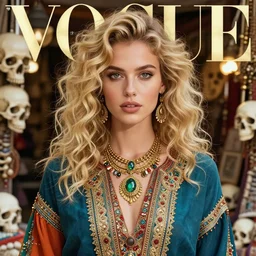 front editorial photo of fit european female in bazaar, blonde, curly hair, clean big eyes, symmetrical beautiful face, clean skin, bones in background, skull jewelry, native costume and accessories,, fashion editorial photography, hyperrealistic, from vogue magazine, ultra realistic, artgerm, reflections, gold, teal, orange