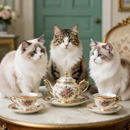 3 cats ( two calico and one tabby ) enjoying fancy english tea together, award winning photograph
