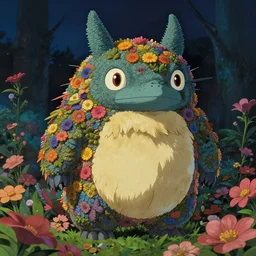 detailed spirit creature with eyes in the flowers at night made by studio ghibli, beautiful scene, detailed, high quality, high details, smooth, ghibli artstyle, 8 k, detailed creature