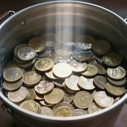 a picture of a pile of coins in a bucket of water, god rays, 50mm