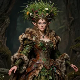 beautiful portrait depicted a scene with an elf queen, clothed with a rich victorian cloth made of fur and leather and ivy, with a lot of ancient decor, also she wears a huge beautiful crown made of grass, flowers and bark. by daniel f. gerhartz and artgerm and greg rutkowski : : dark fantasy art, intricate details, energetic mood, dynamic lighting : : golden ratio composition, trending on artstation, volumetric lighting, 4 k, 8 k