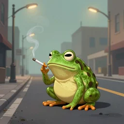 a study of cell shaded cartoon of a toad smoking a cigarette on a city street, street lamps, road, illustration, wide shot, subtle colors, post grunge, concept art by josan gonzales and wlop, by james jean, Victo ngai, David Rubín, Mike Mignola, Laurie Greasley, highly detailed, sharp focus, Trending on Artstation, HQ, deviantart, art by artgem