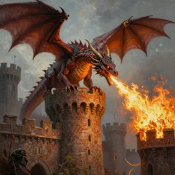 fantasy oil painting, a medieval fantasy dragon is breathing fire upon a castle brick tower, high - readability, extremely detailed, sharp image