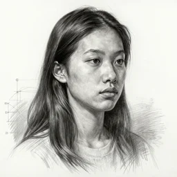 a beautiful hyperrealistic portrait pencil sketch from a picture, of a Chinese nubile with stoic attitude by Peter Mohrbacher, technical drawing, blueprint diagram, trending on artstation