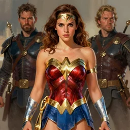 we can do it emma watson as wonder woman wearing royal mantle illustration  by alex gross by alex ross by Greg Land by J. Howard Miller digital painting comic book superheroes