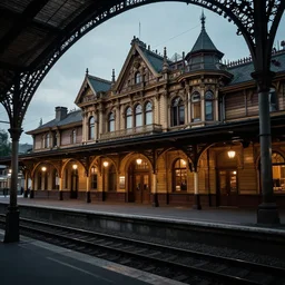 A victorian train station with cinematic and dark lighting by zdzisław beksiński