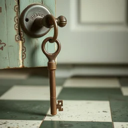 old rusty door key on the old checked kuchen floor