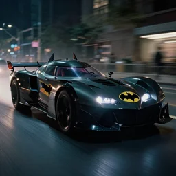 A film still of the 2025 Batmobile driving through Gotham at night, 8k