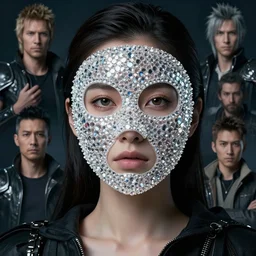 A fancy portrait of a women wearing a lower face crystal mask by Greg Rutkowski, beeple, Sung Choi, Mitchell Mohrhauser, Maciej Kuciara, Johnson Ting, Maxim Verehin, Peter Konig, final fantasy, macro lens, 35mm, 8k photorealistic, cinematic lighting, HD, high details, dramatic, dark atmosphere, trending on artstation