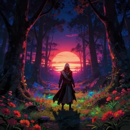 abandoned by ted nasmith, at night assassin's creed lightpaint sunlight myst alien retrowave sunset anime at dusk forest at dawn infrared landscape cyberpunk studio ghibli thermal vision flowers darkacademia, archdaily, wallpaper, highly detailed, trending on artstation.
