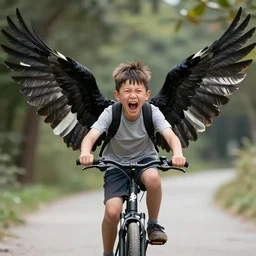 a magpie riding a bike, young boy with giant black and white wings, screaming, large forehead, mullet haircut, bold natural colors, national geographic photography, masterpiece, 8 k, raw, unedited, symmetrical balance