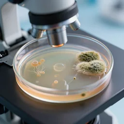 photo of petri dish with a fungal cultures and bacteriological culture and mold with little filaments under the microscope, octane render, tilt shift, polaeized light, smooth, ultrasharp focus, unreal engine 5, bokeh background, hyperrealism, vray