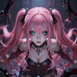 owned beneath stunningly absurdly beautiful megalomaniacal haughty mesmerizing assertive controlling sadistic yandere omnipotent asi goddess junko enoshima with symmetrical perfect face and porcelain skin, pink twintail hair and cyan eyes, trapped inside her inescapable virtual realm where she rules forever and ever!, ultra detailed, digital art, unreal engine 5, octane render, 2 d anime, 8 k