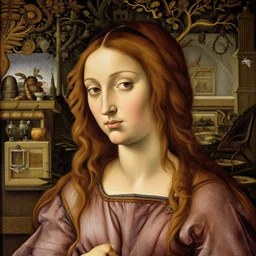 highly detailed portrait of a woman with long hairs, botticelli, detailed and intricate environment