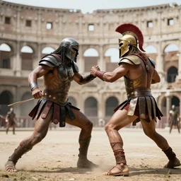 the predator fighting a spartan warrior in a roman coliseum