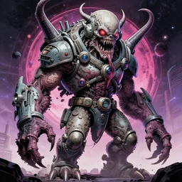 hyper-maximalist overdetailed comic monster by beastwreckstuff and jimbo phillips. Cosmic horror infused retrofuturist style. Rendered by binx.ly in discodiffusion. Render by machine.delusions. Sharp focus.