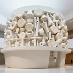 an art museum whose architecture is inspired by drum and flute instrument pieces, greenhouse with hanging suspended foliage and topiary, raytracing ar 1 6 : 9