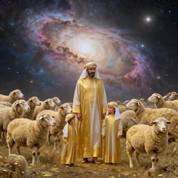 bedouin father and his family herding sheeps and they are surrounded by nebula, highly detailed, gold filigree, romantic storybook fantasy, soft cinematic lighting, award, disney concept art watercolor illustration by mandy jurgens and alphonse mucha and alena aenami, pastel color palette, featured on artstation