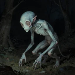 nighttime photo of a pale long limed homunculus creature lurking