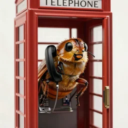 a huge flea in a telephone booth using the phone realistic cinematic 3 5 mm