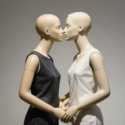 two female mannequins kissing and holding hands