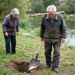 old man appears carrying a shovel. he's also carrying a fish. then i remember, the fish in the pond died yesterday, and he's going to bury it. old woman had seen the neighbour burying their pet cat and thought that it was the thing to do.