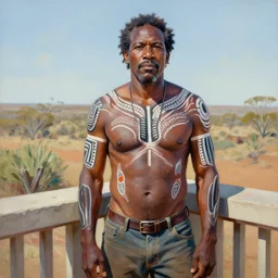 palette knife oil painting portrait of eddie dreamtime, an athletic middle - aged man in hipster outback wear and australian aboriginal body paint, concrete balcony, artstation trending, artgerm, any racial background, deviant art, octane, substance, art history 8 k