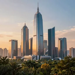 amazing landscape photo of a futuristic city surrounded by trees in sunset, beautiful dramatic lighting, god rays, futuristic