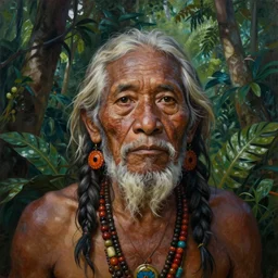 a beautiful painting portrait of a very old indigenous grand-father in the amazon jungle, matte painting, fantasy art, ayahuasca, highly detailed