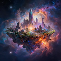 a beautiful floating island in space, flying fantasy city landscape in a mystic magic dreamy prismatic hologram orion hubble celestron flame nebula cloud by ross tran amanda sate on artstation