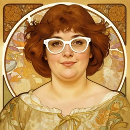 portrait of a curvy stocky romanian woman, brown hair, messy bob, straight hair, brown eyes, romanian, laugh lines, full upper lip and thin lower lip, round face, round jaw, round nose, white glasses, glasses, big forehead, white reading glasses, librarian, wide shot, digital art, alphonse mucha, loish, art nouveau, 8 k, trending on artstation