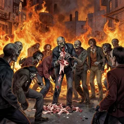 Zombies eating the flesh of citizens in a city on fire by Greg Hildebrandt