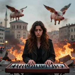 portrait of sad female in taksim square, flying pig, synthesizer, fire, destruction,