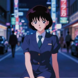 blurry and dreamy screencap of a character from 8 0 s horror anime, woman with short hair wearing dress suit with tie, satoshi kon anime, character design by yoshitaka amano and junji ito, glitchy vhs tape, streets of night tokyo in the background, perfect blue color palette, noisy film grain effect, blurry image