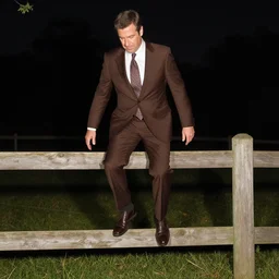 andy richter dressed in a chocolate brown suit and necktie, stepping over a wood fence, has foot in the air, at night