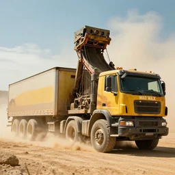ups feeder tractor trailer truck in mad max : fury road, midday light, 2 8 mm lens, dust storm,